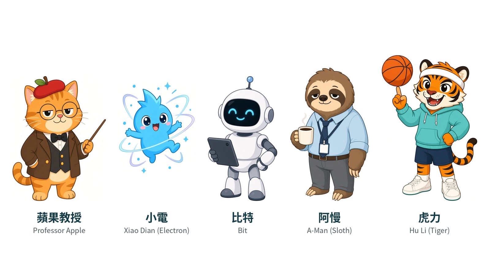 原來如此教室的角色：蘋果教授、小電、比特、阿慢、虎力。The cast: Professor Apple, Xiao Dian, Bit, A-Man, Hu Li.