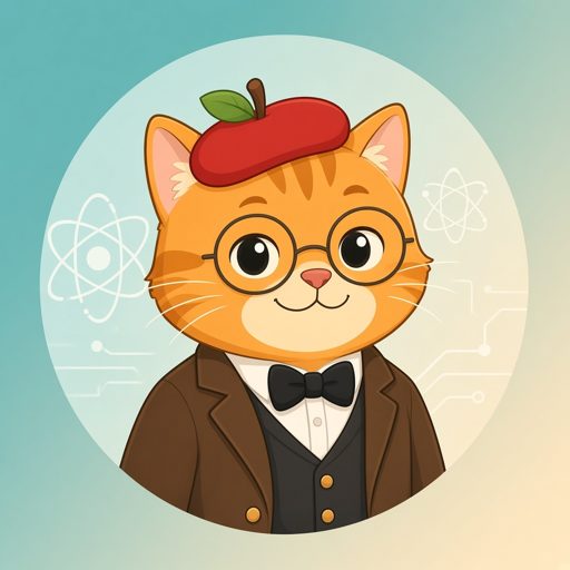 蘋果教授：戴蘋果貝雷帽和圓眼鏡的橘色虎斑貓。Professor Apple: an orange tabby cat with an apple beret and round glasses.