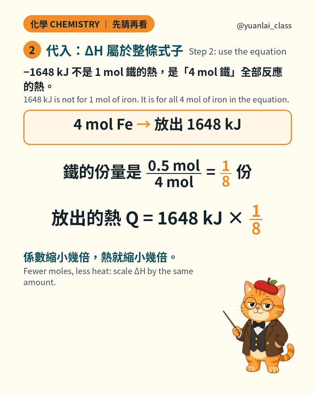 第二步：4 莫耳鐵放出 1648 千焦，0.5 莫耳是四莫耳的八分之一，所以放出的熱是 1648 千焦乘八分之一。