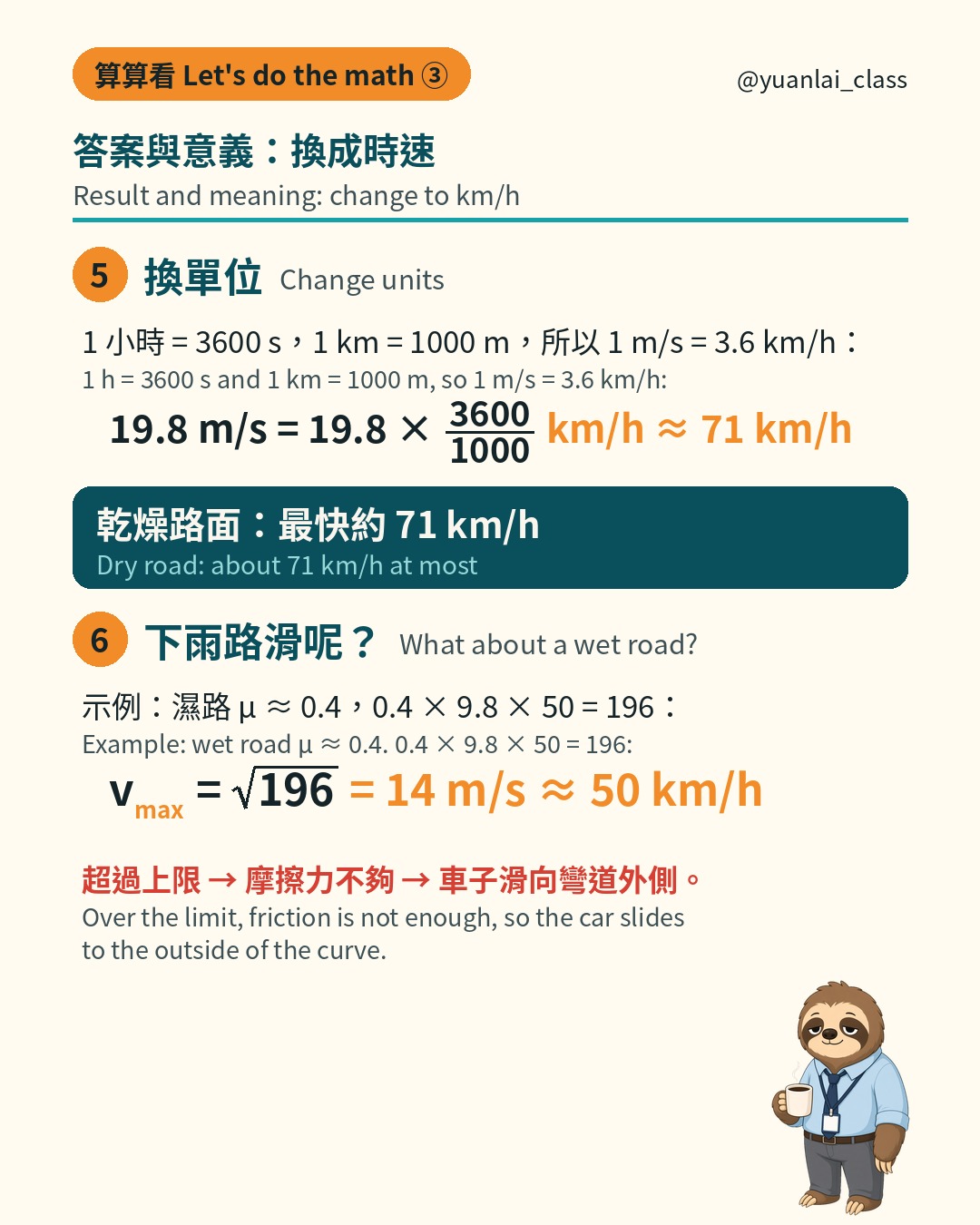 算式第三步。19.8 公尺每秒約 71 公里每小時，下雨時只剩 14 公尺每秒，約 50 公里每小時。
