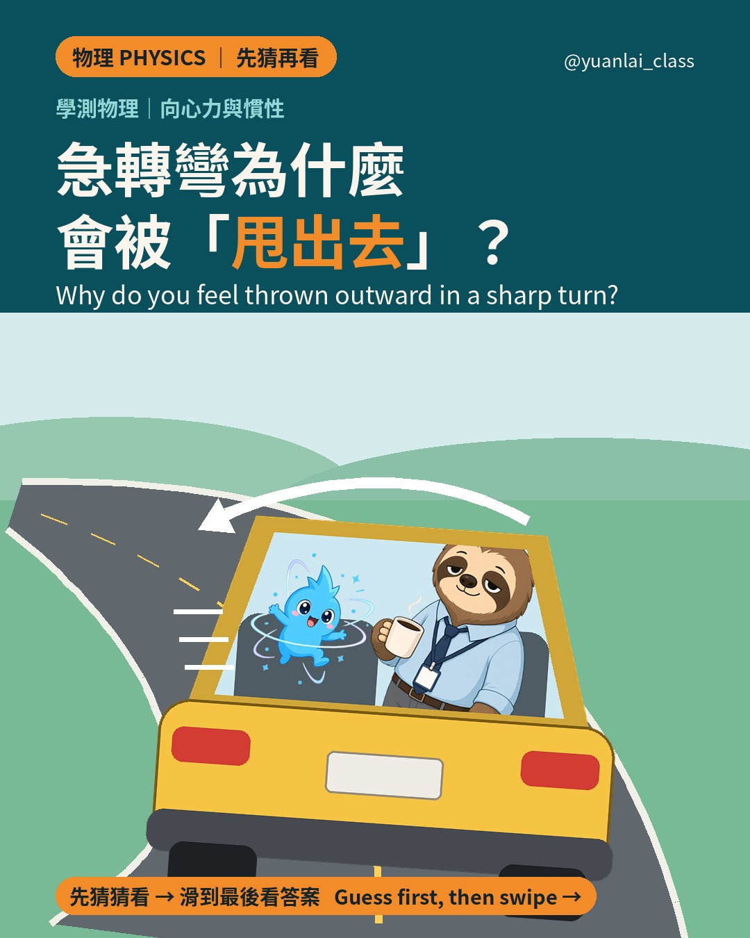 封面：計程車急轉彎，車裡的阿慢滑向車門，旁邊是蘋果教授。標題是 急轉彎為什麼會被「甩出去」？Cover: a taxi in a sharp turn, Aman slides toward the door, with Professor Apple beside it.