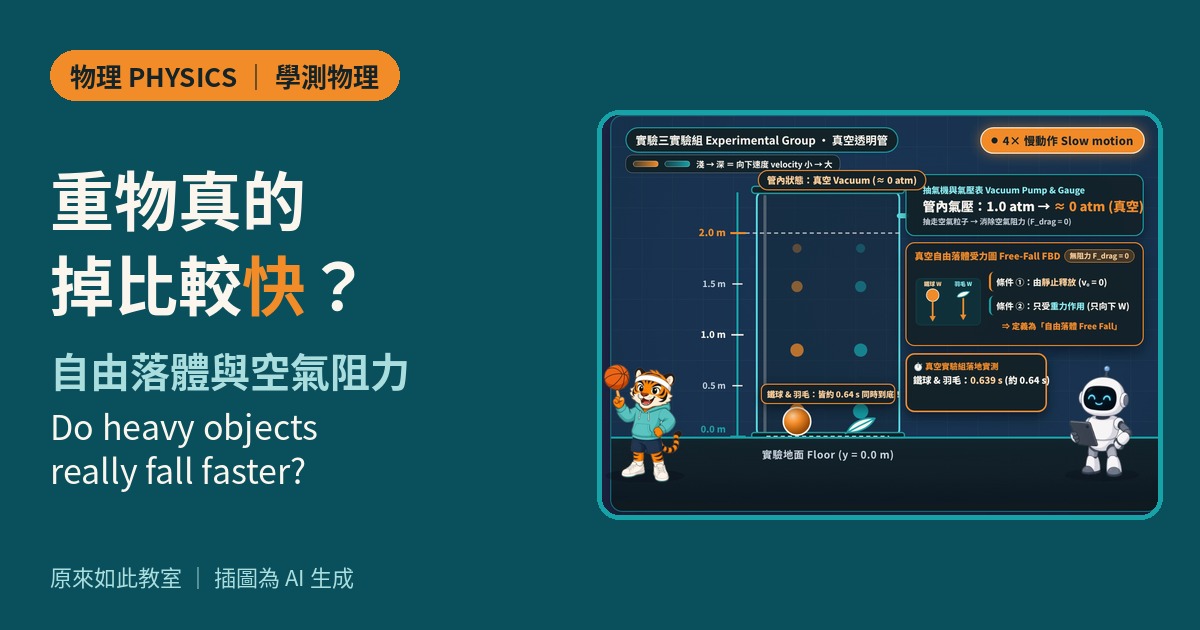 封面：左邊大字「重物真的掉比較快？自由落體與空氣阻力」，右邊是影片畫面，真空透明管裡鐵球和羽毛約 0.64 秒同時落地。Cover: "Do heavy objects really fall faster?" next to a video frame where an iron ball and a feather land together in a vacuum tube in about 0.64 s.